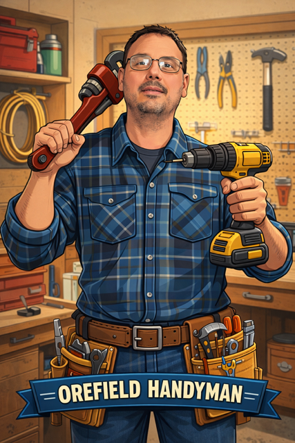 Illustration of the Orefield Handyman holding a pipe wrench and power drill in his workshop